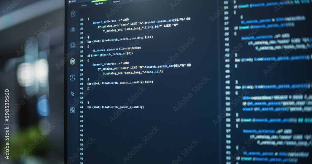 Poster Close Up Focus on Desktop Computer Screen. Digital Display Showing Coding Language User Interface. Software Engineer Programming Innovative e-Commerce Software in Office