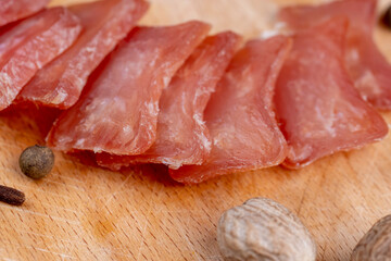 Square chicken fillet sausage, close up