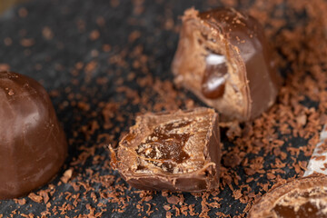 sweet chocolates with soft filling, chocolate pieces