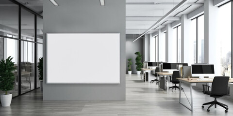 blank white billboard advertising banner mockup on office wall. Generative AI.  
