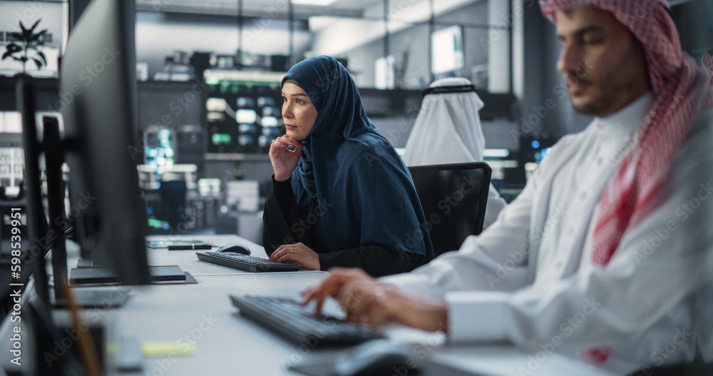 Fototapete portrait of a thoughtful middle eastern female working on computer in a technological corporate offi