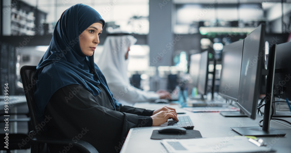 Poster beautiful middle eastern computer scientist wearing a hijab, working on pc in a technological corpor