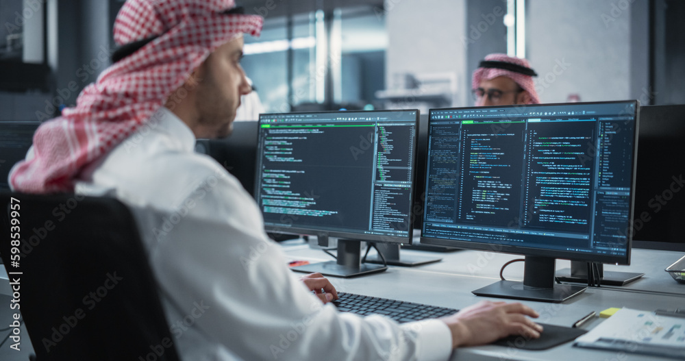 Poster Arab Telecommunications Manager Working in a Research and Development Facility on a Desktop Computer. Focused Middle Eastern Software Engineer Updating Server System Database