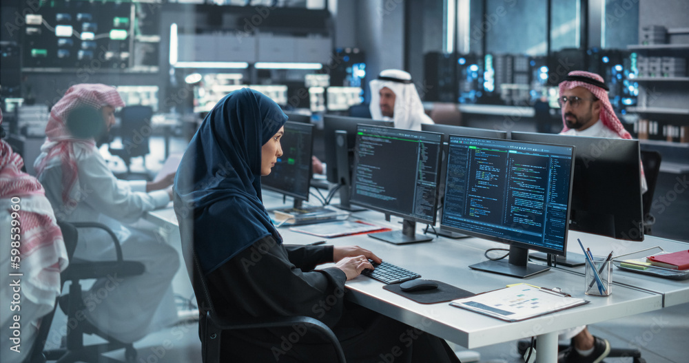 Poster Group of Multicultural Middle Eastern Men and Women Working in Research Center, Collaborating and Discussing a Project, Using Computers to Write Software Code, Develop Artificial Intelligence Service