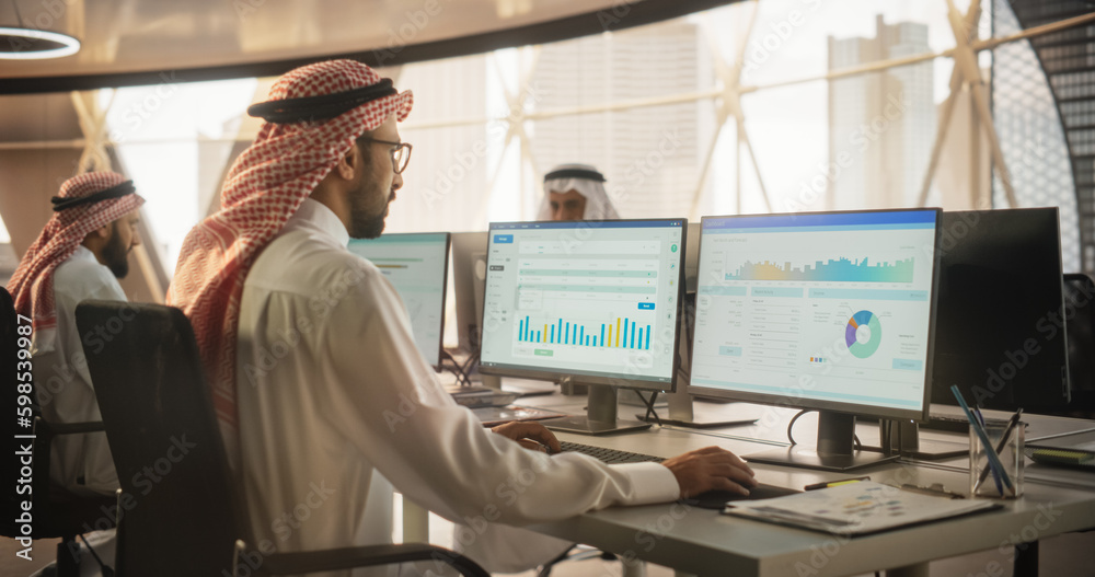 Poster arab market financial analyst working in a research and development facility on a desktop computer. 