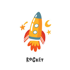 Fototapeta na wymiar Rocket. Hand drawn illustration in cartoon style. Transport toys. Cute concept for children's print. Illustration for the design postcard, textiles, apparel