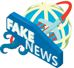 Fake news icon isometric vector. Fake news inscription and plane around globe. Screen saver, media, television