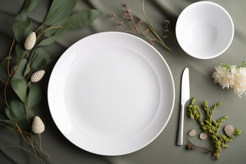 Empty white plate mockup on table. Generative AI	