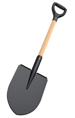 Garden shovel with wooden handle on white background, summer camping concept