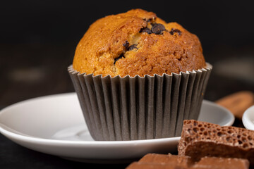 Sweet fresh cupcake with chocolate pieces