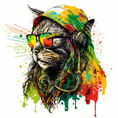 Illustration d'un Chat anthropomorphe style street art couleurs reggae » IA générative