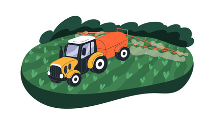 Agriculture machine fertilizing farm land, soil. Tractor spraying fertilizer on agricultural ground, farmland. Crop irrigation, cultivation. Flat vector illustration isolated on white background © Good Studio