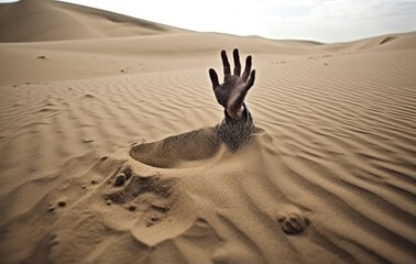 Hand sinking in quicksand, trying to get out, tips to survive in desert, buried created with Generative AI technology - obrazy, fototapety, plakaty