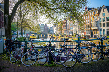 Fototapeta premium Bicycles in Amsterdam canals. Amsterdam is the capital and most populous city of the Netherlands.