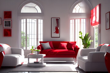 interior with red sofa. 3d render illustration  mock up