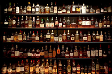 Liquor Store: Variety of Hard Liquor Brands Full Frame. Generative AI