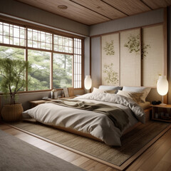 Bedroom for home interior architecture with Japan style, Traditional, Minimalistic with a focus on natural materials and textures