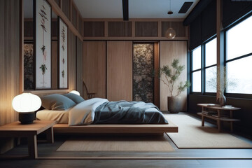 Bedroom for home interior architecture with Japan style, Traditional, Minimalistic with a focus on natural materials and textures