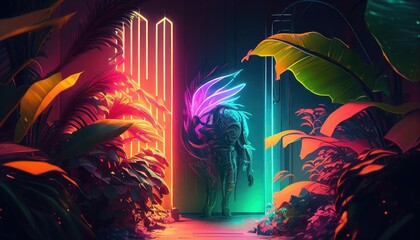 Obraz na płótnie Canvas Futuristic jungle in neon cyberpunk style by Generative AI
