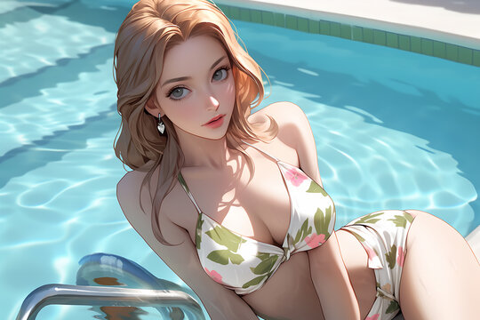 Beautiful girl in the pool summer, generative AI