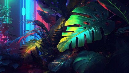 Futuristic jungle in neon cyberpunk style by Generative AI
