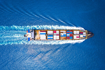 Aerial top view container ship full load container for logistics import export, shipping or...