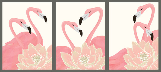 Set of 3 botanical wall paintings. Pink flamingos and lotuses. Tropical pattern for print, cover, wallpaper, minimalist and nature wall art. Generative AI