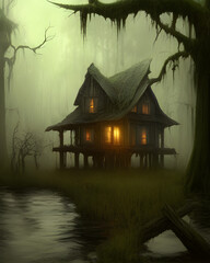 AI Digital Illustration Abandoned Haunted House In The Swamp