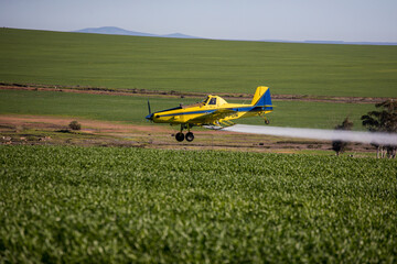 Fototapeta na wymiar Close up image of crop duster airplane spraying grain crops on a field on a farm
