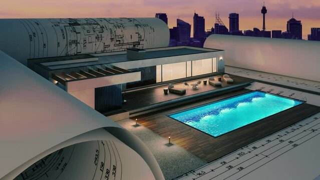 Bauplannung an einem Bungalow in moderner Architektur mit einem Swimmingpool bei Abendbeleuchtung (Sydney-Skyline im Hintergrund) - 3D Visualisierung mit Video-Hintergrund