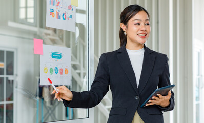 Asian professional successful female businesswoman lecturer presenter in formal business suit standing using marker pointing infographic paperwork document sticky note on glass board in meeting room - obrazy, fototapety, plakaty