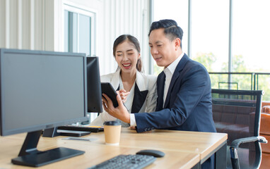 Asian professional successful female businesswoman secretary employee showing information strategy...