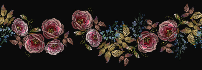 Embroidery buds of red roses on black background. Horizontal seamless pattern. Fashionable template for design of clothes, t-shirt design, tapestry flowers renaissance style