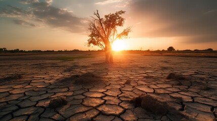 sunset over dry land with tree in the foreground, global warming concept. Generative AI
