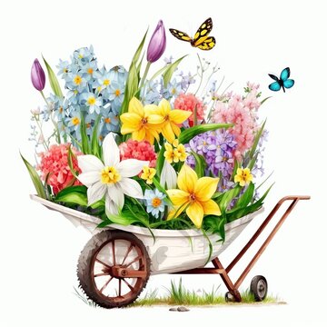 Wooden wheelbarrow in the grass of garden full Pretty flower with Leaves, peonies, daffodils, hyacinth and Butterfly isolated on white background, Generative AI