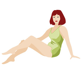A brunette in sunglasses is relaxing on the beach. Vector illustration of a girl . The woman is dressed in a fashionable swimsuit