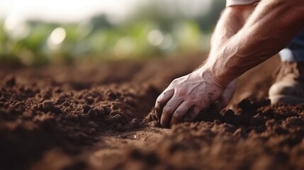 Farmer planting seedlings in the ground, close-up. Generative AI
