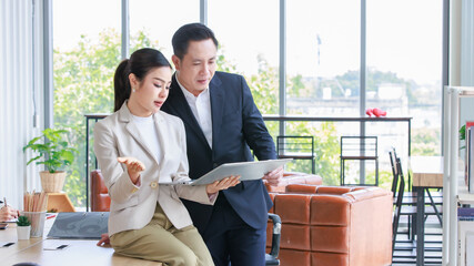 Asian professional successful female businesswoman secretary employee showing information strategy...