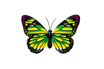 Yellow butterfly isolated on transparent background top view. Yellow butterfly with green and red spots as an element for design.