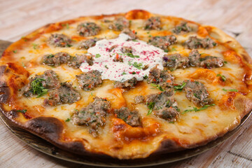 Kofta pizza served in cutting board isolated on background top view of fast food
