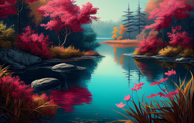 Fototapeta na wymiar A Tranquil Lake, Cradled by Nature's Palette of Beautiful Colors, as Vibrant Flowers Paint the Water landscape with Their Mesmerizing Beauty and Fragrant Whispers - AI Generated