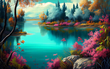 Obraz na płótnie Canvas A Tranquil Lake, Cradled by Nature's Palette of Beautiful Colors, as Vibrant Flowers Paint the Water landscape with Their Mesmerizing Beauty and Fragrant Whispers - AI Generated