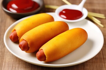 corn dog, traditional street junk food, National Corn Dog Day holiday. Generative ai Generative AI