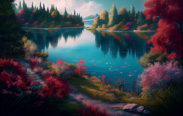 A Tranquil Lake, Cradled by Nature's Palette of Beautiful Colors, as Vibrant Flowers Paint the Water landscape with Their Mesmerizing Beauty and Fragrant Whispers - AI Generated