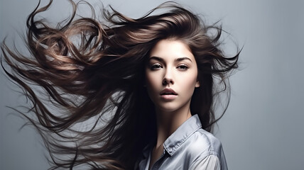 Naklejka premium Young brunette model with beautiful hair on grey ackground. A young girl with her hair flying , generative ai tools 