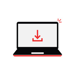 download arrow in red laptop on white. concept of software updating or loading and torrent upload status. cartoon minimal flat style trend modern simple logotype graphic design element