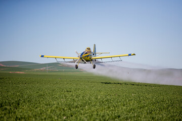 Close up image of crop duster airplane spraying grain crops on a field on a farm