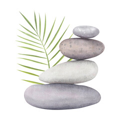 Fototapeta na wymiar Zen stones sea pebbles, date palm leaf isolated on white background. Watercolor hand drawn spa illustration for design