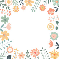 Fototapeta na wymiar Cartoon summer square border frame with pastel flowers and leaves. Isolated on white background. Template for cards, web, and banner.