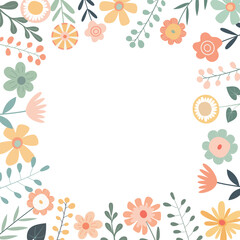 Cartoon summer square border frame with pastel flowers and leaves. Isolated on white background. Template for cards, web, and banner.